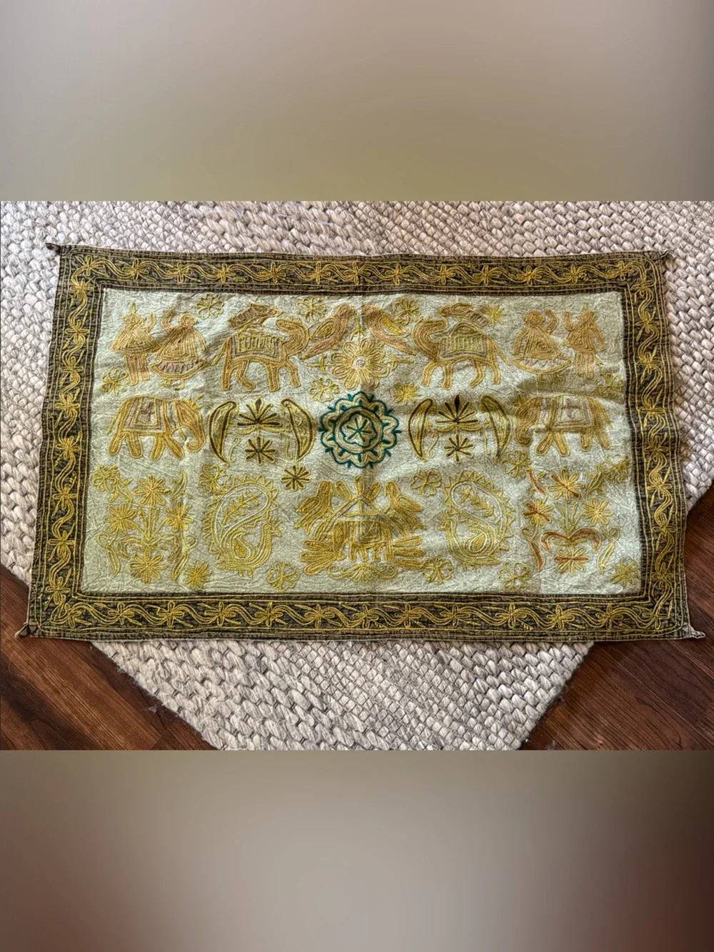 Embroidered Wall Hanging Tapestry in Gold and Teal